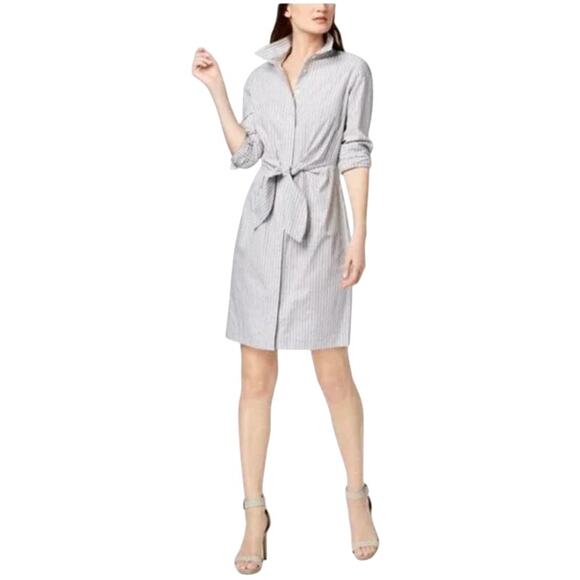 Calvin Klein Gray & White Striped Shirt Dress Tie Front Polished Summer Elegance - Picture 1 of 9